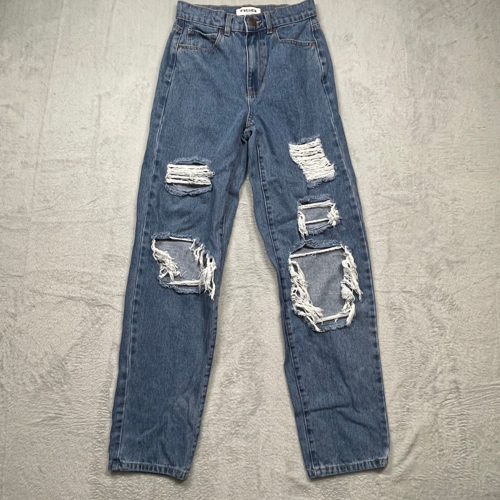 RSQ Baggy Jeans Womens 24 Blue Distressed High Rise Shredded Denim Pants‎